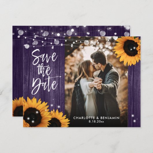 Rustieke zonnebloem hout Paarse bruiloft foto Save The Date (Voorkant / Achterkant)