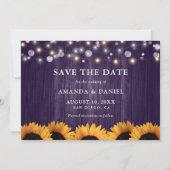 Rustieke zonnebloem hout Paarse bruiloft foto Save The Date (Achterkant)