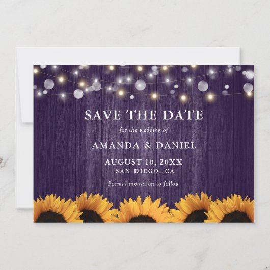 Rustieke zonnebloem hout Paarse bruiloft foto Save The Date (Achterkant)