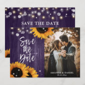 Rustieke zonnebloem hout Paarse bruiloft foto Save The Date (Voorkant / Achterkant)
