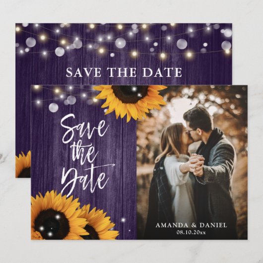Rustieke zonnebloem hout Paarse bruiloft foto Save The Date (Voorkant / Achterkant)
