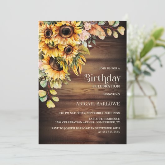 Rustieke Zonnebloem Hout Verjaardagsfeest Kaart (Staand voorkant)