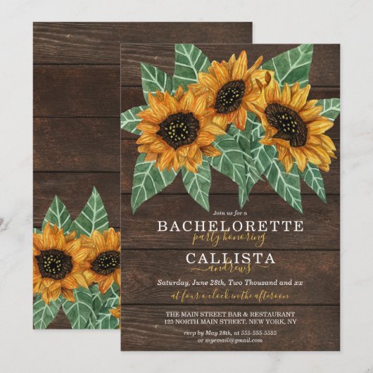 Rustieke Zonnebloem Hout Waterverf Bachelorette Kaart (Voorkant / Achterkant)