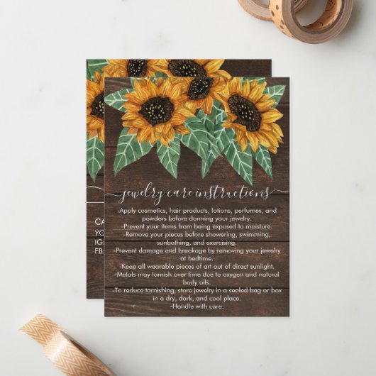 Rustieke Zonnebloem Hout Waterverf Sieraden Care K Notitiekaartje (Voorkant / Achterkant in situ)