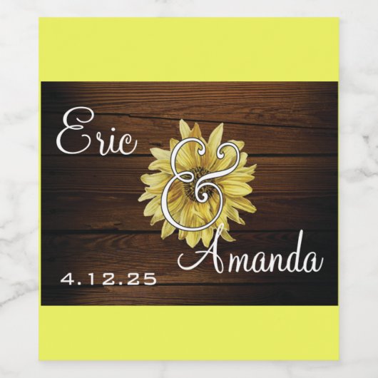 Rustieke Zonnebloem Houten Achtergrond Trouwlabel Wijn Etiket (Enkel label)