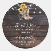Rustieke Zonnebloem Houten Bruiloftsdankjewel  Ronde Sticker (Voorkant)
