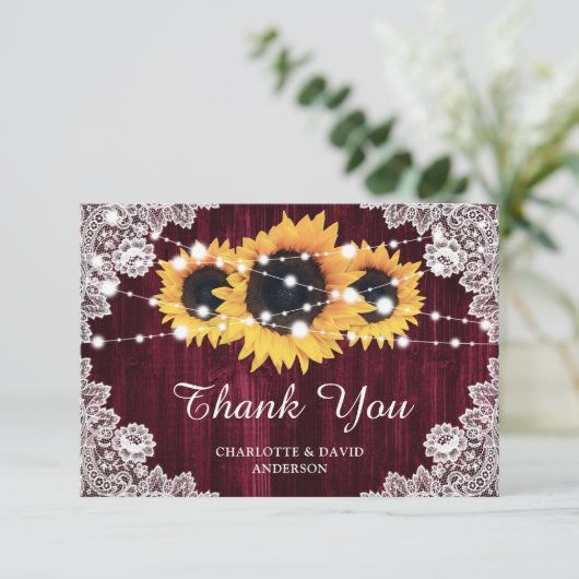 Rustieke Zonnebloem Houten Kant Bourgondische brui Bedankkaart (Staand voorkant)