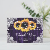 Rustieke Zonnebloem Houten Kant Paarse Bruiloft Bedankkaart (Staand voorkant)