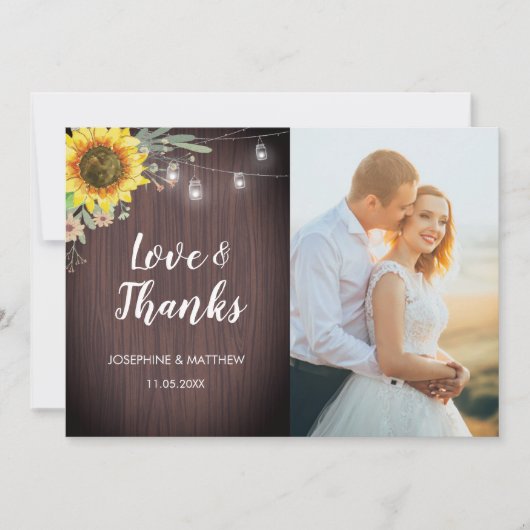 Rustieke Zonnebloem Houten Lichten Foto Bruiloft Bedankkaart (Voorkant)