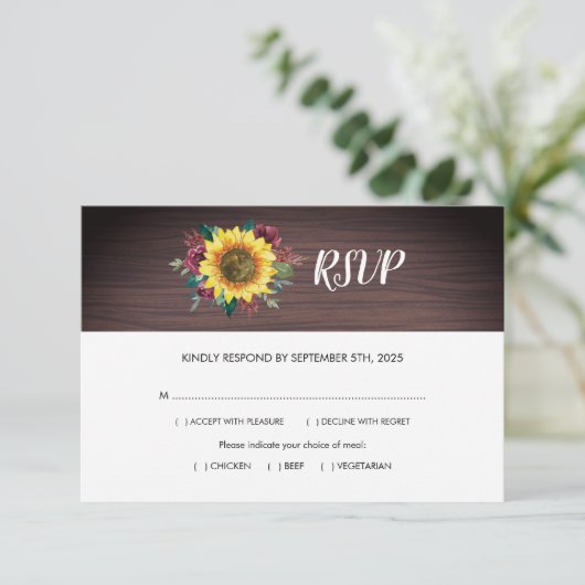 Rustieke Zonnebloem Houten Maaltijden Bruiloft RSVP Kaartje (Staand voorkant)
