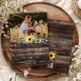 Rustieke Zonnebloem Houten QR Code RSVP Trouwen Kaart