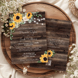 Rustieke Zonnebloem Houten QR Code RSVP Trouwen Kaart