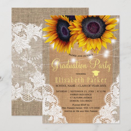 Rustieke zonnebloem jute en kant graduatie partij kaart (Voorkant / Achterkant)