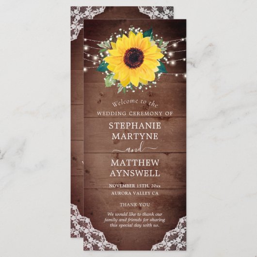 Rustieke Zonnebloem Kant Baby's Breath Lights Brui Programmakaart (Voorkant / Achterkant)