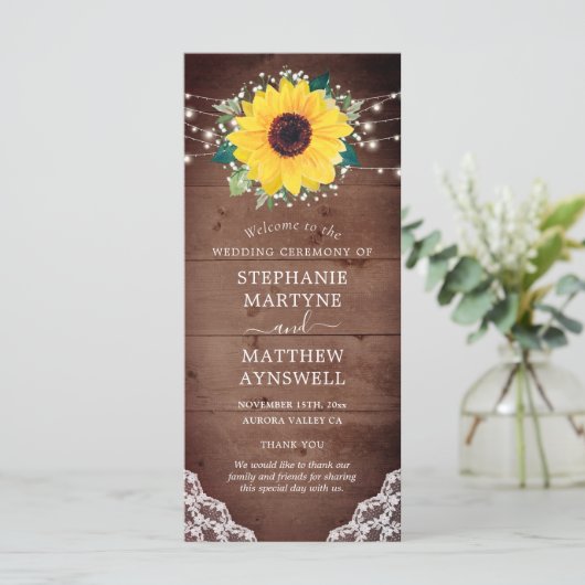 Rustieke Zonnebloem Kant Baby's Breath Lights Brui Programmakaart (Staand voorkant)