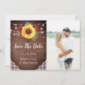 Rustieke Zonnebloem Kant Rood Bloemen Foto Bruilof Save The Date (Voorkant)
