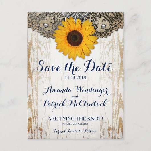 Rustieke Zonnebloem Kant Save the Date Briefkaart (Voorkant)