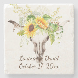 Rustieke Zonnebloem Koe Schedel Horens Boeket Mono Stenen Onderzetter