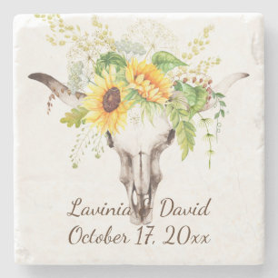 Rustieke Zonnebloem Koe Schedel Horens Boeket Mono Stenen Onderzetter