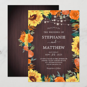 Rustieke Zonnebloem Koraal Bloemen Lichten Huwelij Kaart