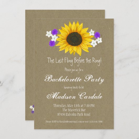 Rustieke Zonnebloem Kraft Bachelorette Party Uitno Kaart (Voorkant / Achterkant)