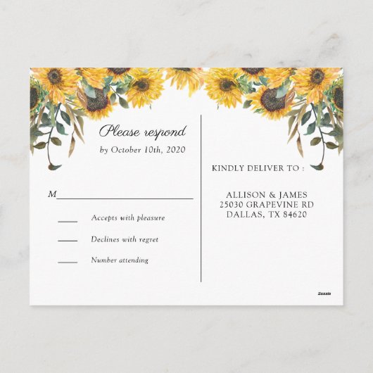 Rustieke Zonnebloem Land Bruiloft RSVP Briefkaart (Achterkant)