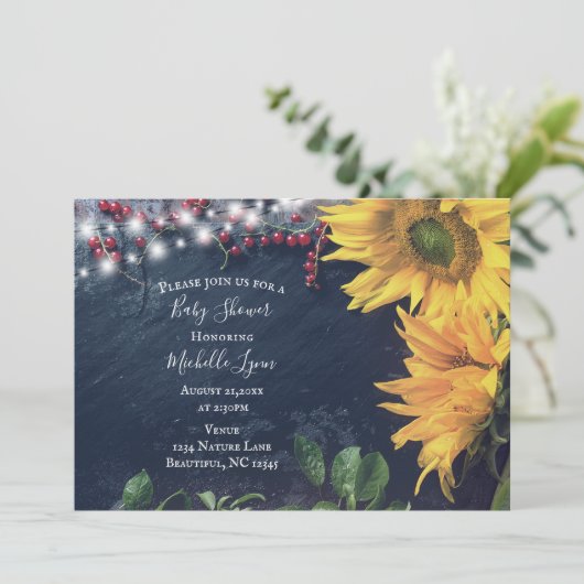 Rustieke zonnebloem, leisteen en lichten Baby show Kaart (Staand voorkant)