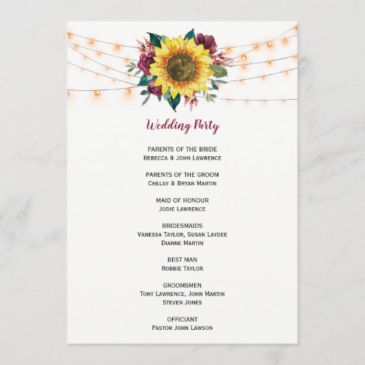 Rustieke Zonnebloem Lichten Bloemen Bruiloft Programmakaart (Achterkant)