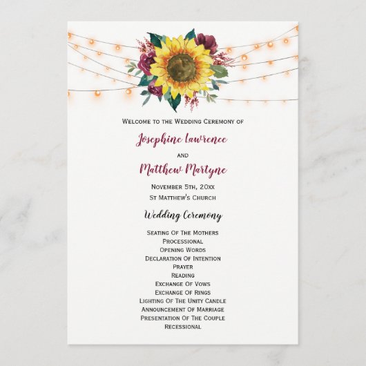 Rustieke Zonnebloem Lichten Bloemen Bruiloft Programmakaart (Voorkant)