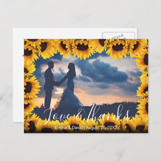 Rustieke Zonnebloem Lijst Trouwfoto Dank u Briefkaart (Voorkant / Achterkant)