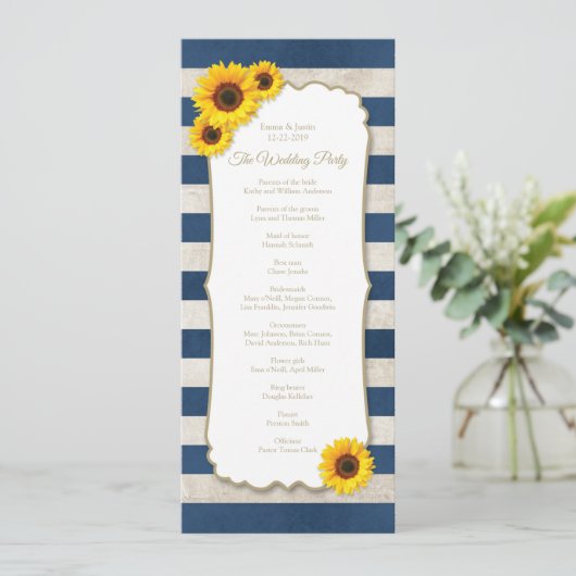 Rustieke Zonnebloem & Marine Blauwe Strepen Bruilo Programmakaart (Staand voorkant)