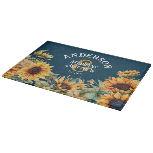 Rustieke zonnebloem marine gepersonaliseerde bruil snijplank (Hoek)