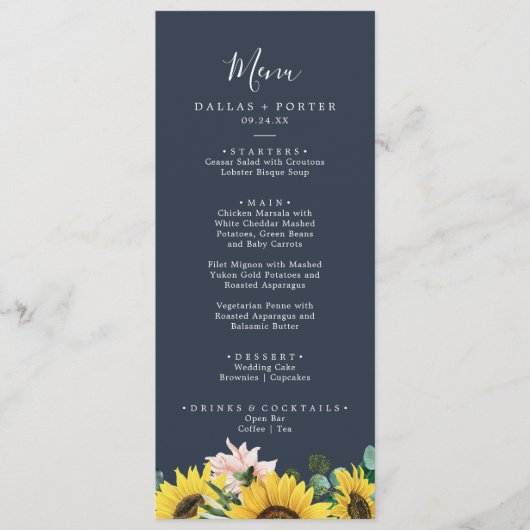 Rustieke Zonnebloem | Marine Huwelijksdiner Menu (Voorkant)