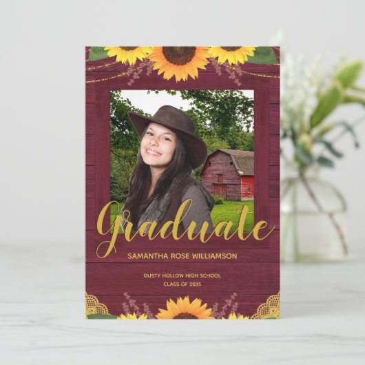 Rustieke Zonnebloem Maroon Gold 2 Foto Afstuderen Aankondiging (Staand voorkant)