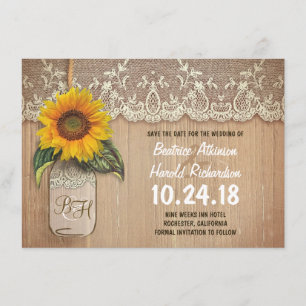 Rustieke zonnebloem mason jar bewaar de datum kaar save the date