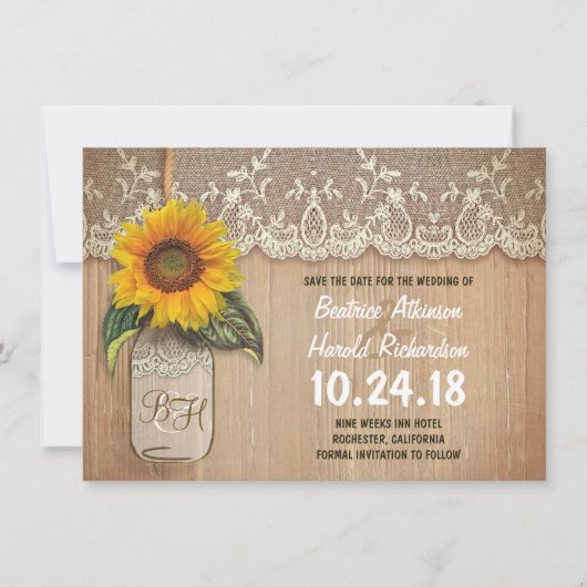 Rustieke zonnebloem mason jar bewaar de datum kaar save the date (Voorkant)