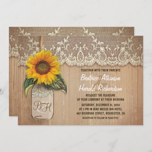  rustieke zonnebloem mason jar bruiloft kaart (Voorkant / Achterkant)