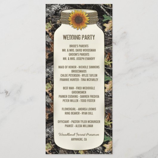 Rustieke Zonnebloem Mason Jar Camo Trouwprogramma' Programmakaart (Achterkant)