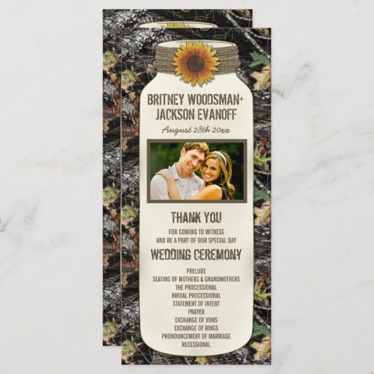 Rustieke Zonnebloem Mason Jar Camo Trouwprogramma' Programmakaart (Voorkant / Achterkant)