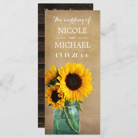 Rustieke Zonnebloem Mason Jar Country Wedding Prog Programmakaart (Voorkant / Achterkant)