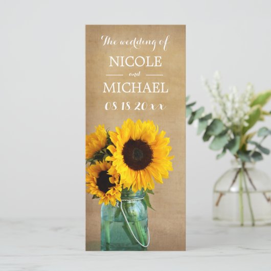 Rustieke Zonnebloem Mason Jar Country Wedding Prog Programmakaart (Staand voorkant)