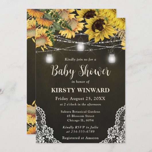 Rustieke Zonnebloem & Mason Jar Lights Baby shower Kaart (Voorkant / Achterkant)