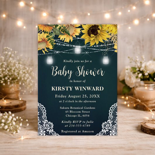 Rustieke Zonnebloem & Mason Jar Lights Baby shower Kaart