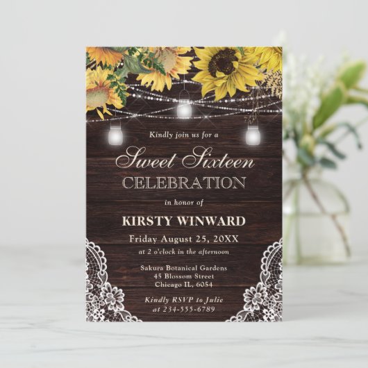 Rustieke Zonnebloem & Mason Jar Lights Sweet Sixte Kaart (Staand voorkant)