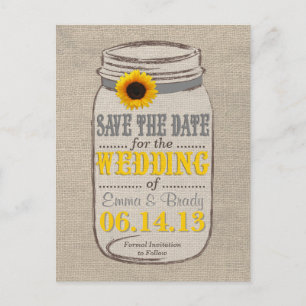 Rustieke Zonnebloem & Mason Jar Save the Date Aankondigingskaart