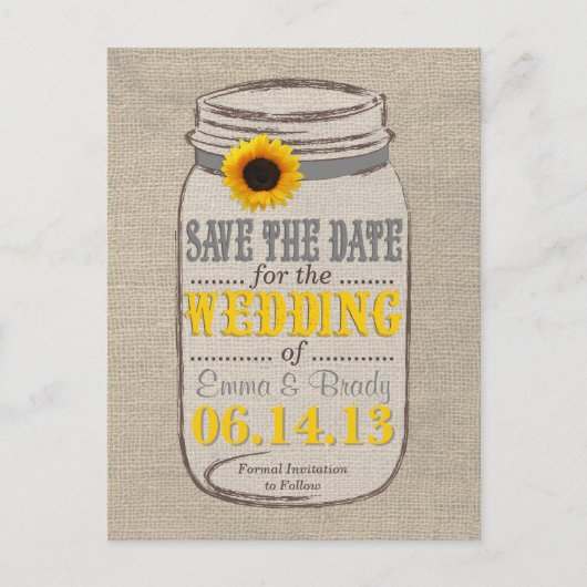 Rustieke Zonnebloem & Mason Jar Save the Date Aankondigingskaart (Voorkant)