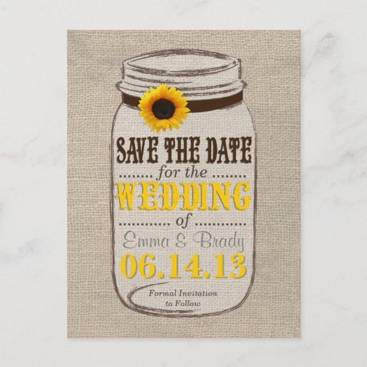 Rustieke Zonnebloem & Mason Jar Save the Date Aankondigingskaart (Voorkant)