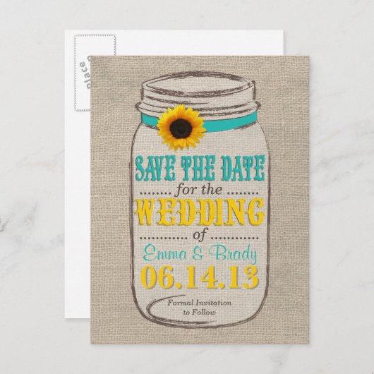 Rustieke Zonnebloem & Mason Jar Save the Date Aankondigingskaart (Voorkant / Achterkant)