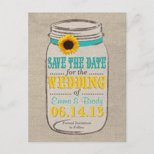Rustieke Zonnebloem & Mason Jar Save the Date Aankondigingskaart (Voorkant)