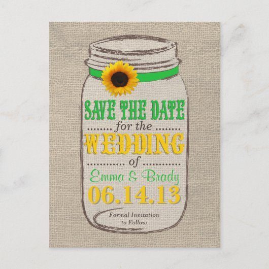 Rustieke Zonnebloem & Mason Jar Save the Date Gree Aankondigingskaart (Voorkant)